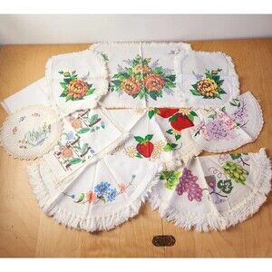 Set of 9 Vtg Handmade Floral Liquid Embroidery Table Linens Cottage Core